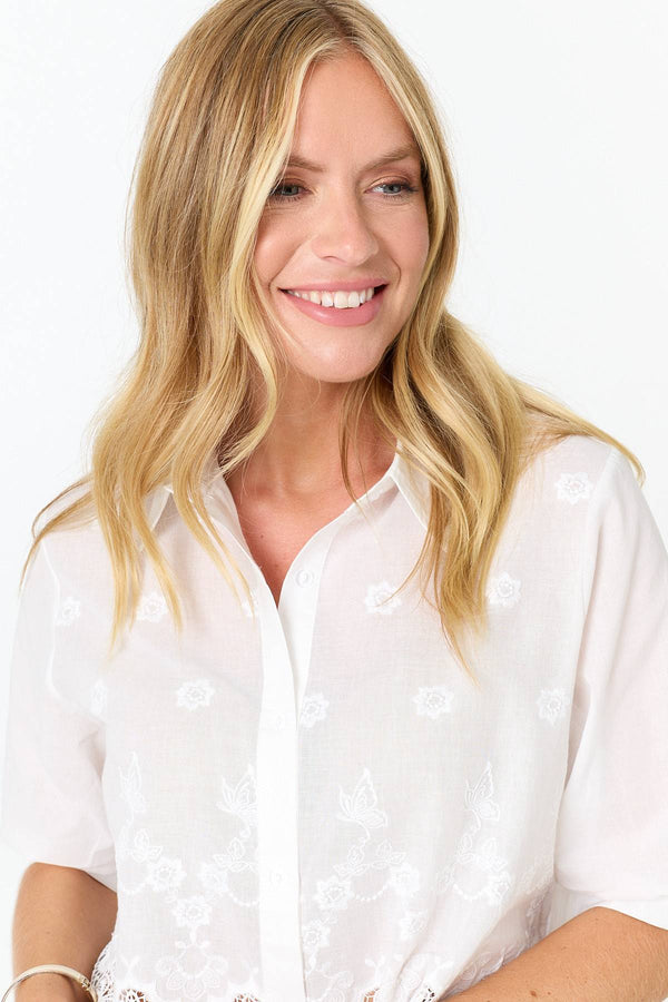 White | Lace Hem Relaxed 3/4 Sleeve Shirt