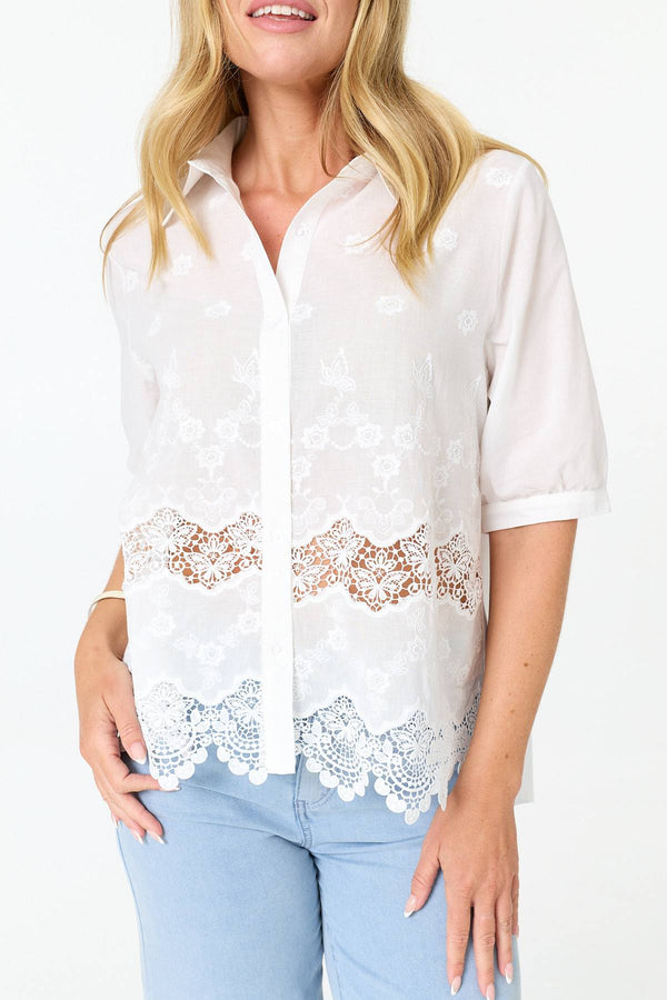White | Lace Hem Relaxed 3/4 Sleeve Shirt