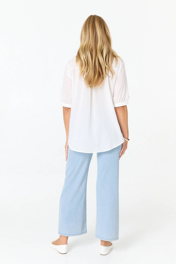 White | Lace Hem Relaxed 3/4 Sleeve Shirt