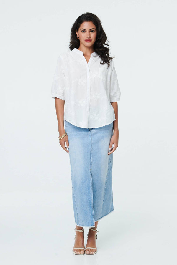 White | Floral Embroidered 1/2 Sleeve Shirt