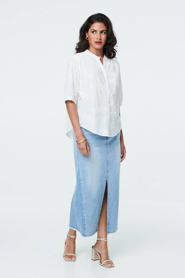 White | Floral Embroidered 1/2 Sleeve Shirt