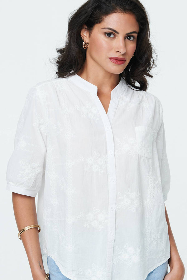 White | Floral Embroidered 1/2 Sleeve Shirt