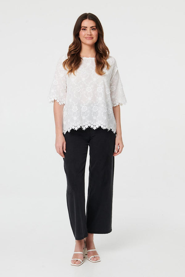 Floral Embroidered Lace 1/2 Sleeve Top
