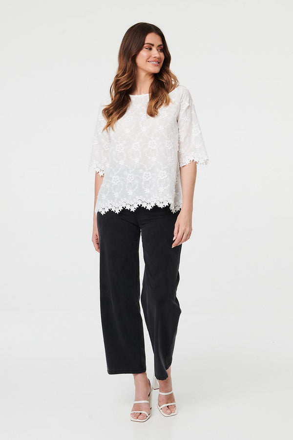 Floral Embroidered Lace 1/2 Sleeve Top