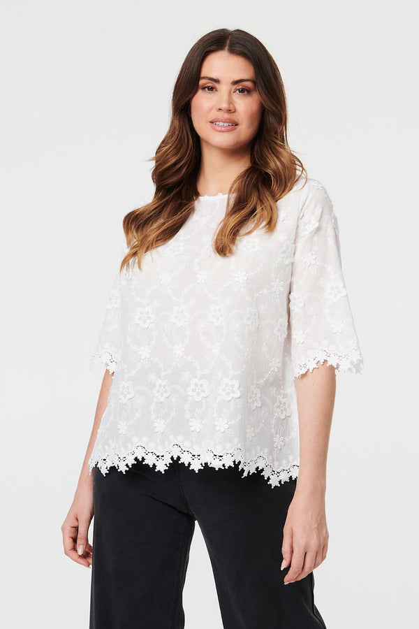 Floral Embroidered Lace 1/2 Sleeve Top