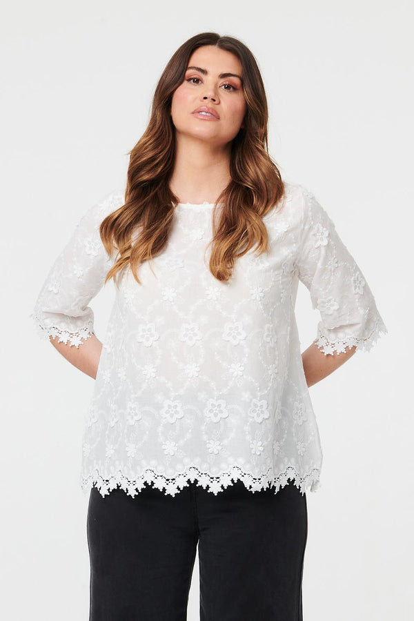 Floral Embroidered Lace 1/2 Sleeve Top