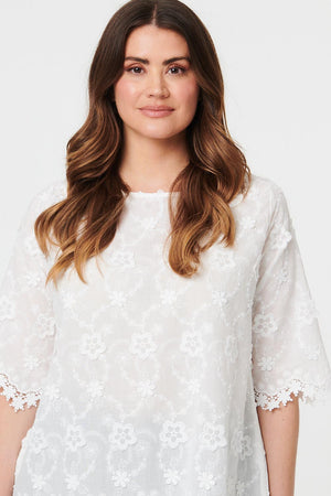 White | Floral Embroidered Lace 1/2 Sleeve Top