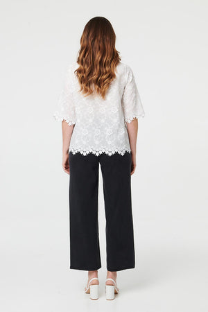 White | Floral Embroidered Lace 1/2 Sleeve Top