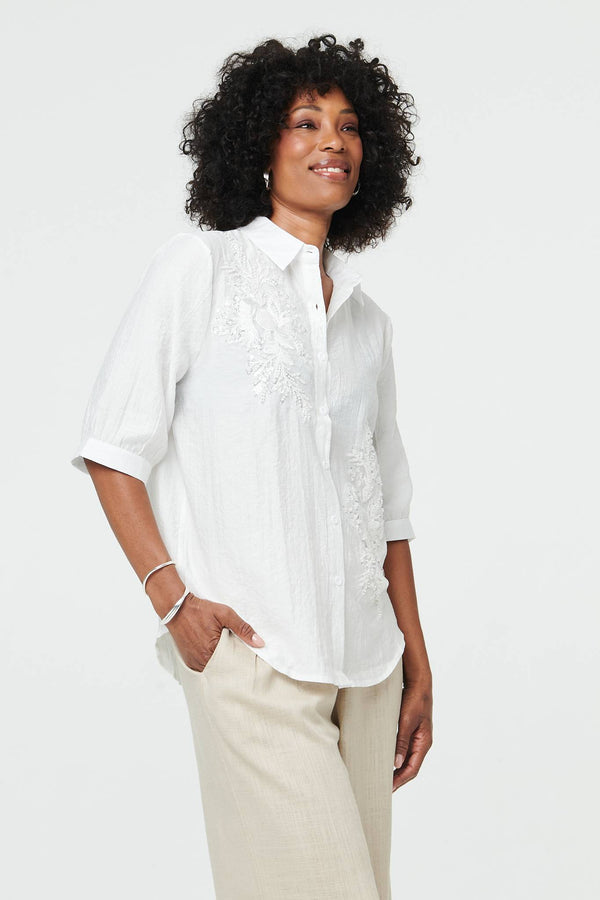 White | Sparkly Embroidered 3/4 Sleeve Shirt