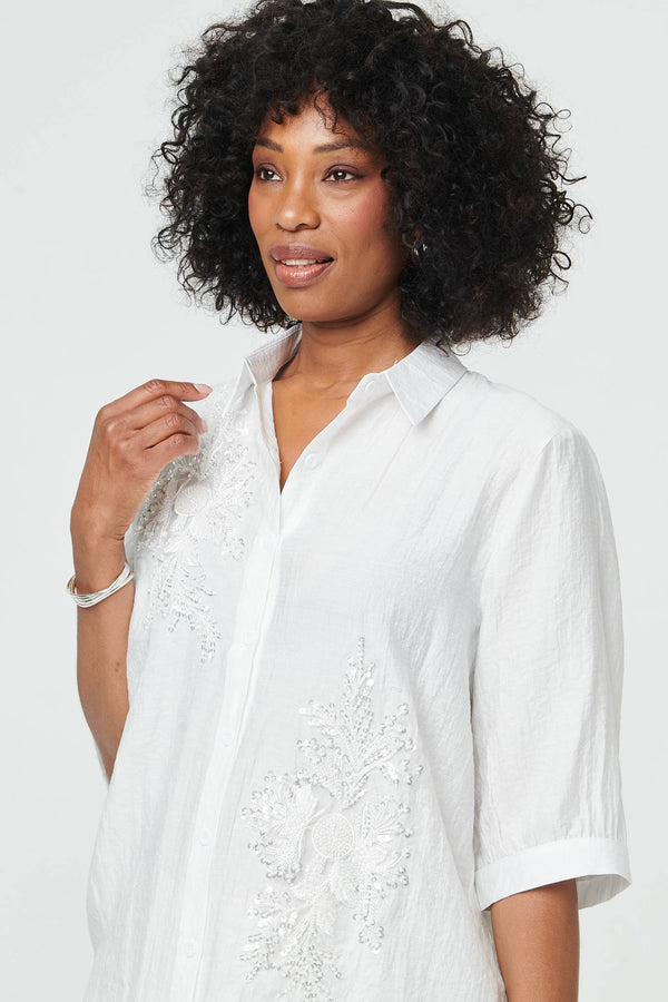 White | Sparkly Embroidered 3/4 Sleeve Shirt