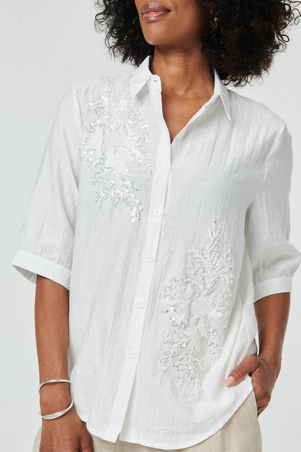 White | Sparkly Embroidered 3/4 Sleeve Shirt
