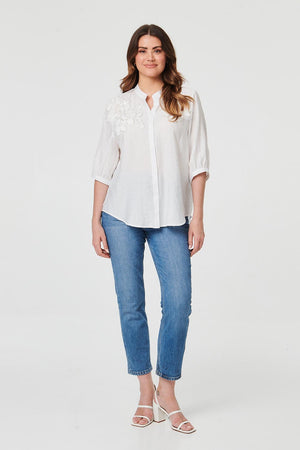 White | Embellished Floral 3/4 Sleeve Shirt