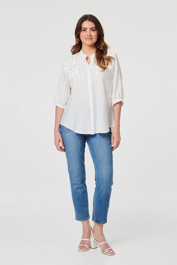 White | Embellished Floral 3/4 Sleeve Shirt