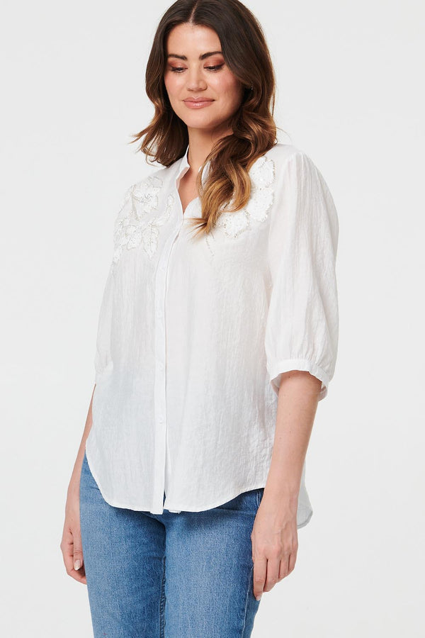 White | Embellished Floral 3/4 Sleeve Shirt