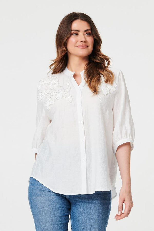 White | Embellished Floral 3/4 Sleeve Shirt