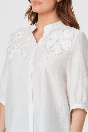 White | Embellished Floral 3/4 Sleeve Shirt