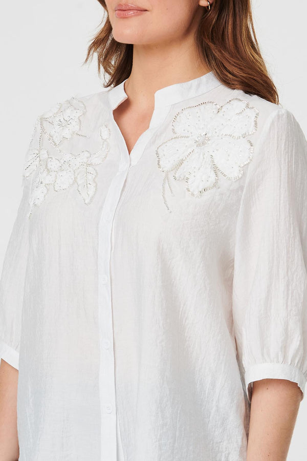 White | Embellished Floral 3/4 Sleeve Shirt