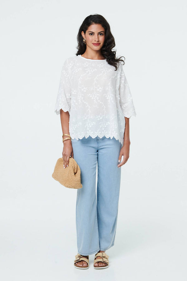 White | Floral Textured 3/4 Sleeve Blouse