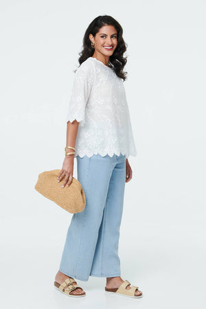 White | Floral Textured 3/4 Sleeve Blouse