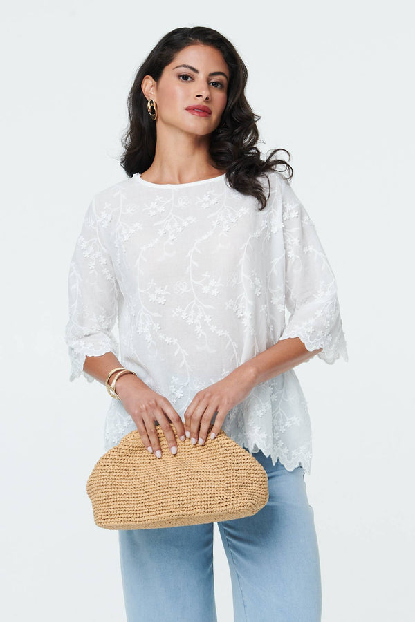White | Floral Textured 3/4 Sleeve Blouse
