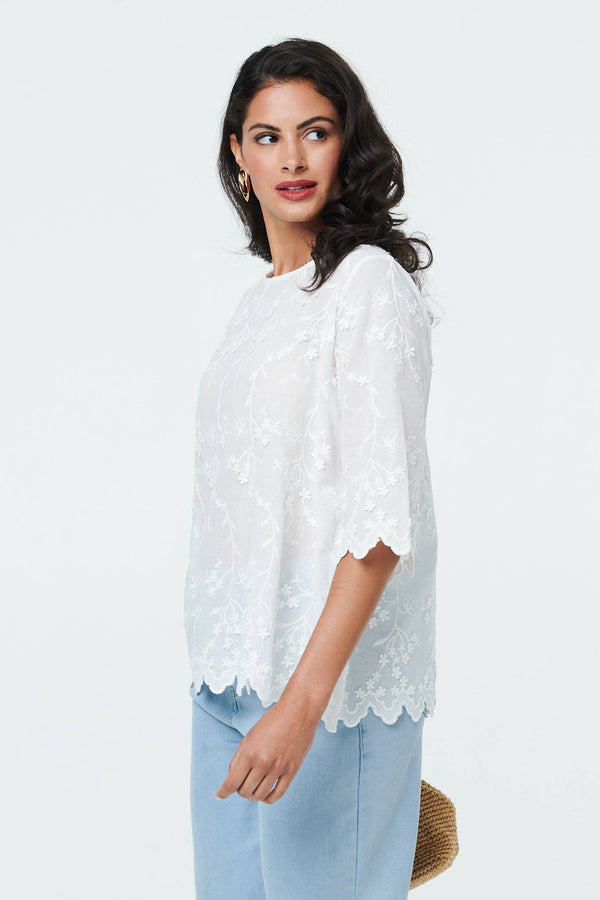 White | Floral Textured 3/4 Sleeve Blouse