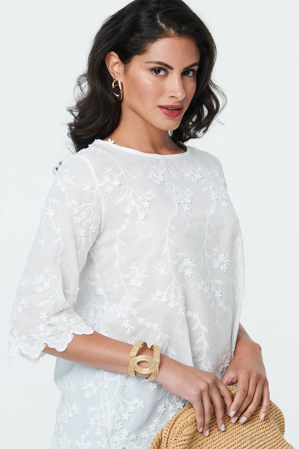 White | Floral Textured 3/4 Sleeve Blouse