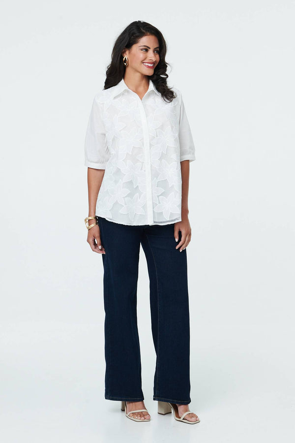 White | Floral 1/2 Sleeve Embroidered Shirt
