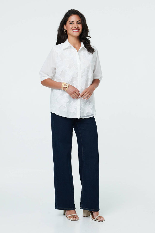 White | Floral 1/2 Sleeve Embroidered Shirt