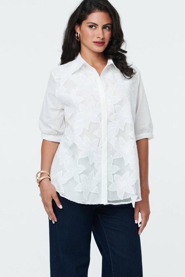 White | Floral 1/2 Sleeve Embroidered Shirt