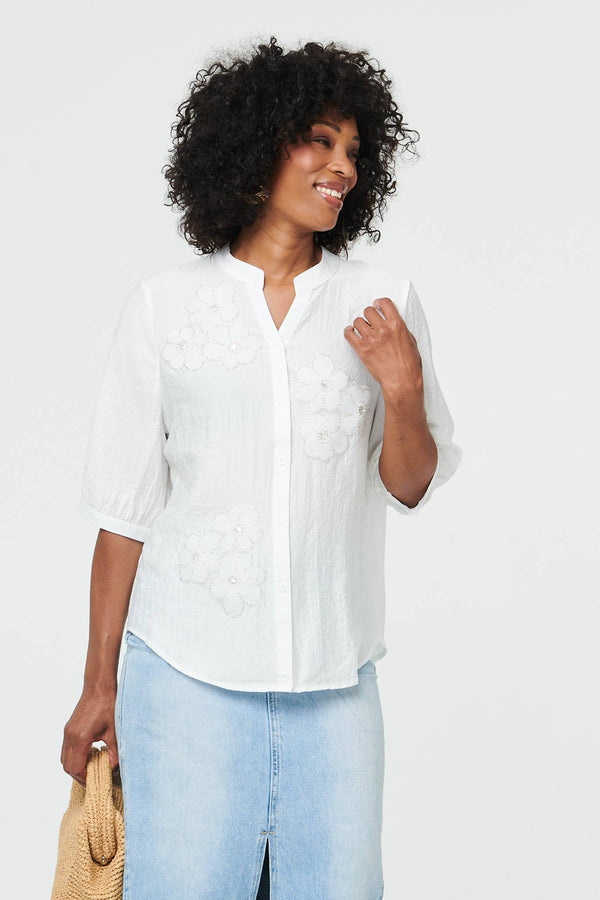 White | Embellished Floral 3/4 Sleeve Blouse