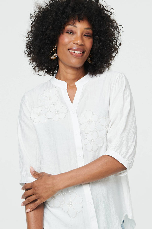 White | Embellished Floral 3/4 Sleeve Blouse