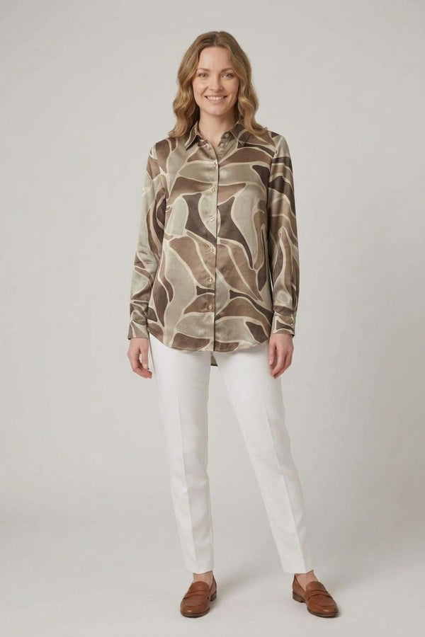Beige | Abstract Print Long Sleeve Relaxed Shirt