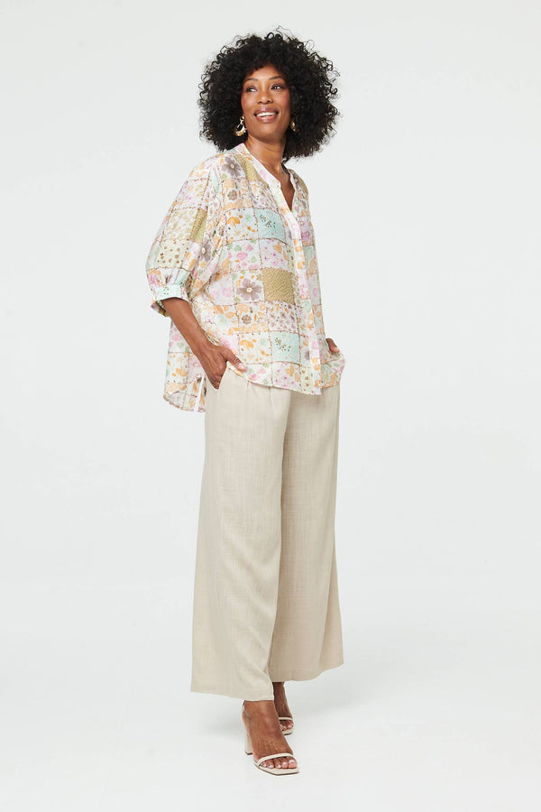 White | Printed 3/4 Sleeve V-Neck Blouse