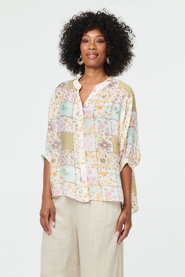 White | Printed 3/4 Sleeve V-Neck Blouse