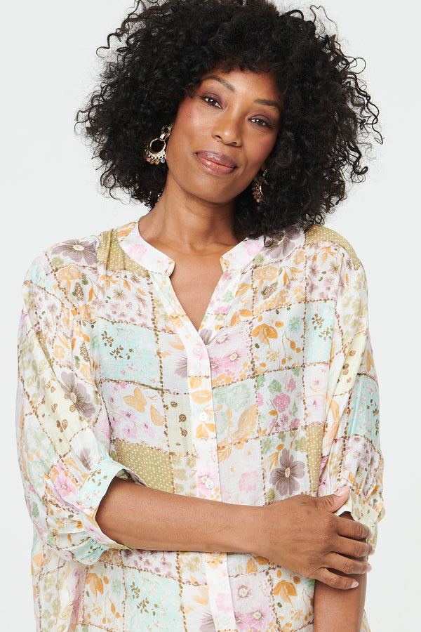 White | Printed 3/4 Sleeve V-Neck Blouse