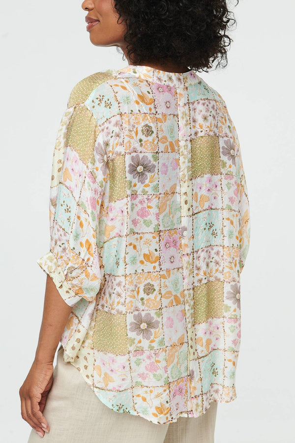 White | Printed 3/4 Sleeve V-Neck Blouse