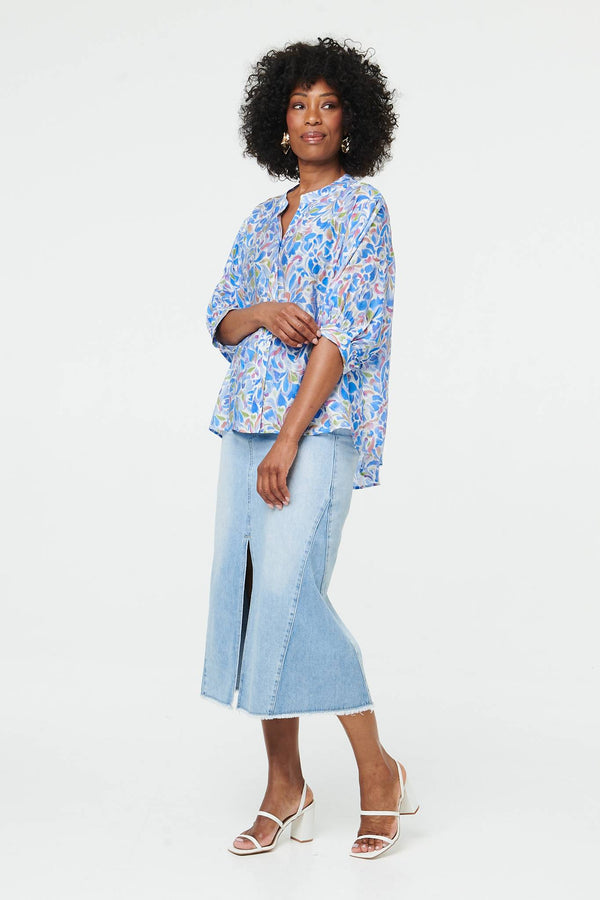 Blue | Printed 1/2 Puff Sleeve Curve Hem Blouse