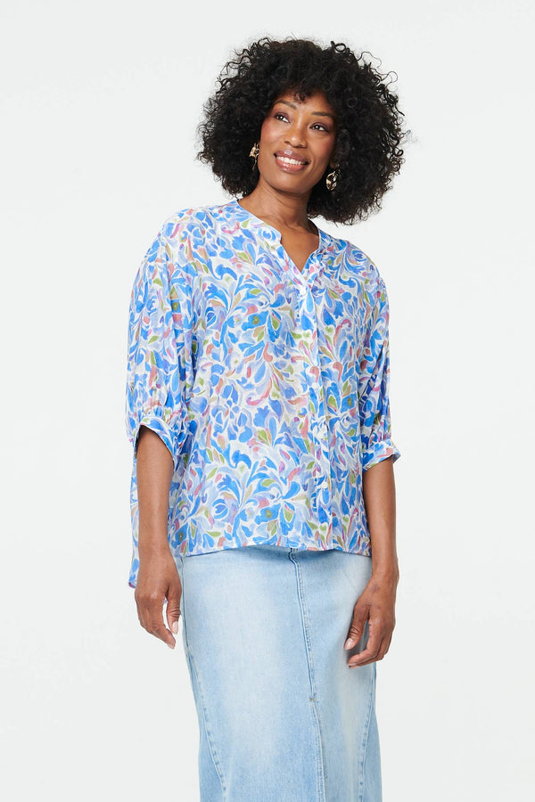 Blue | Printed 1/2 Puff Sleeve Curve Hem Blouse