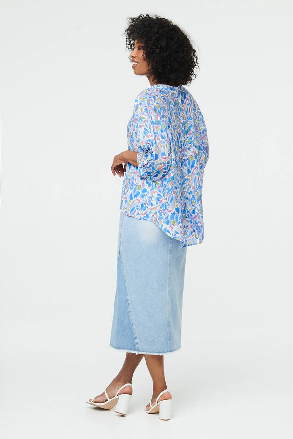 Blue | Printed 1/2 Puff Sleeve Curve Hem Blouse