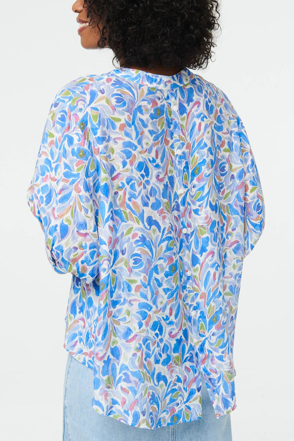 Blue | Printed 1/2 Puff Sleeve Curve Hem Blouse