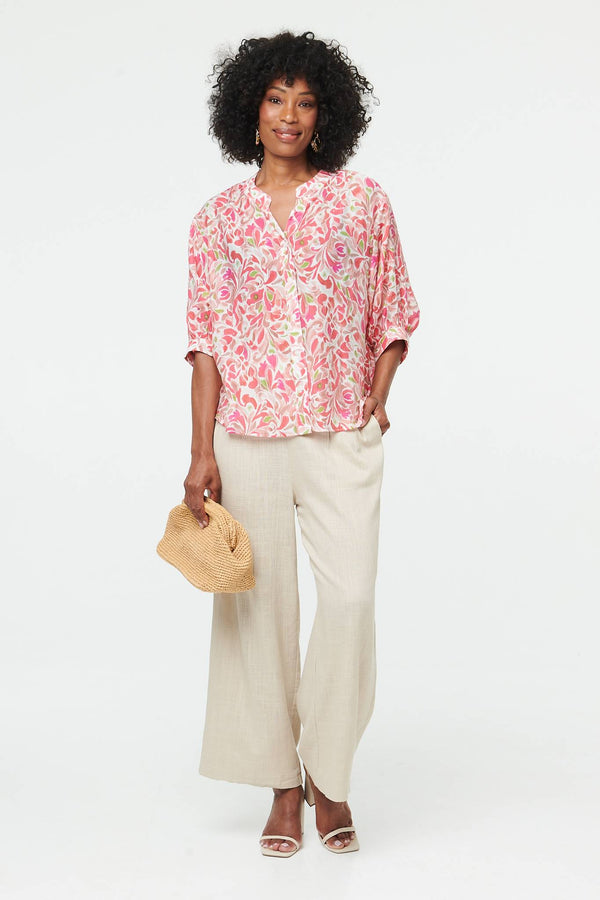 Pink | Printed 1/2 Puff Sleeve Curve Hem Blouse