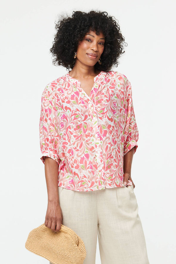 Pink | Printed 1/2 Puff Sleeve Curve Hem Blouse