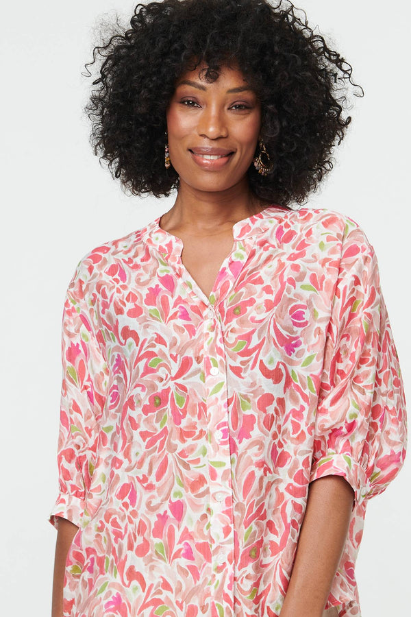 Pink | Printed 1/2 Puff Sleeve Curve Hem Blouse