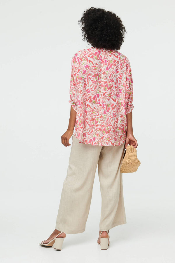 Pink | Printed 1/2 Puff Sleeve Curve Hem Blouse