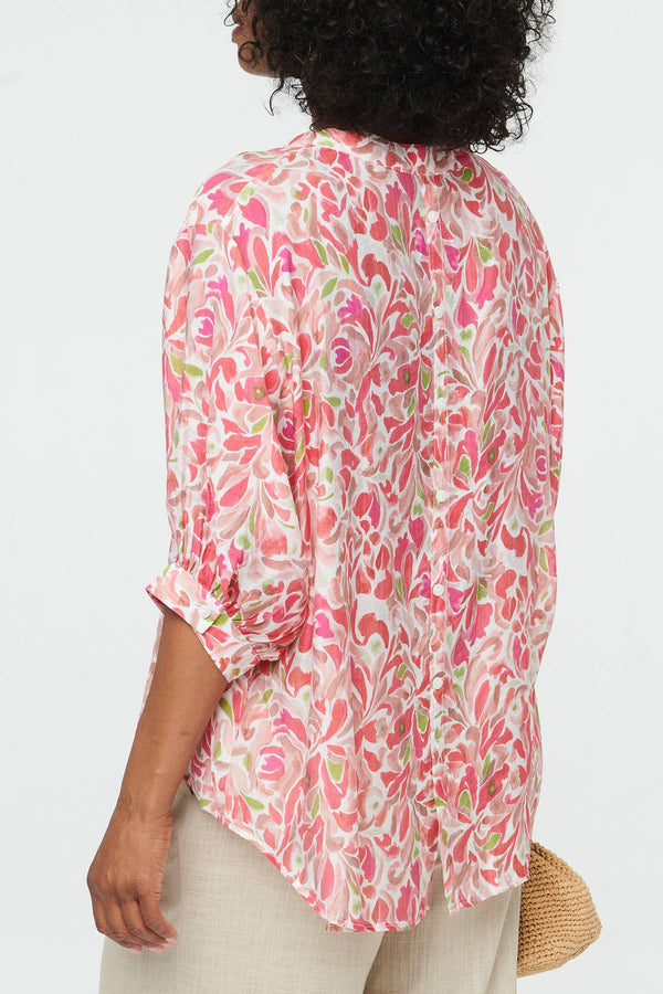 Pink | Printed 1/2 Puff Sleeve Curve Hem Blouse