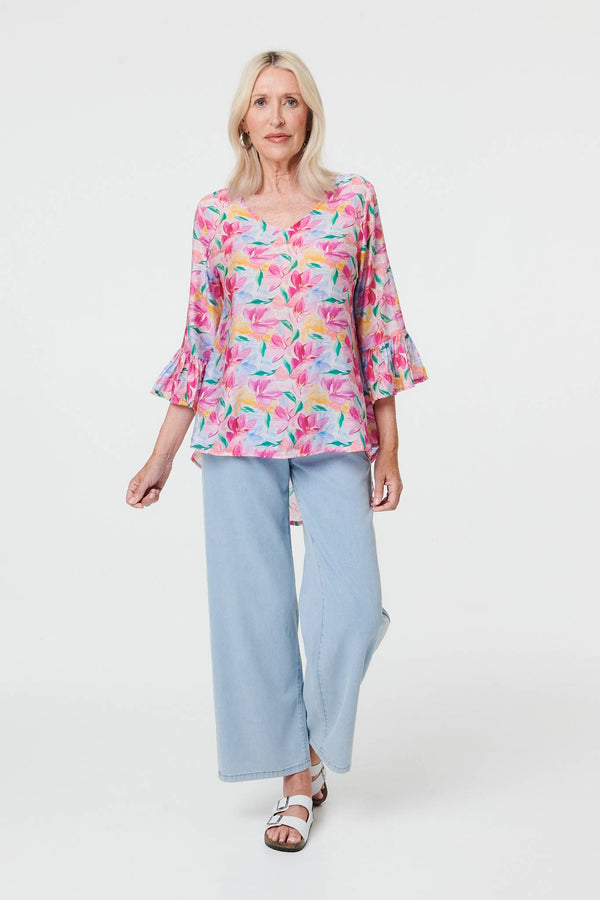 Pink | Floral Relaxed 3/4 Flare Sleeve Blouse