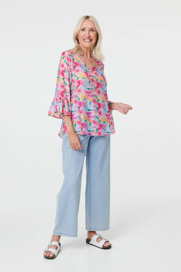 Pink | Floral Relaxed 3/4 Flare Sleeve Blouse