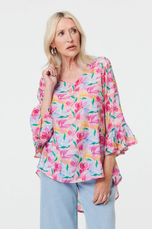 Pink | Floral Relaxed 3/4 Flare Sleeve Blouse