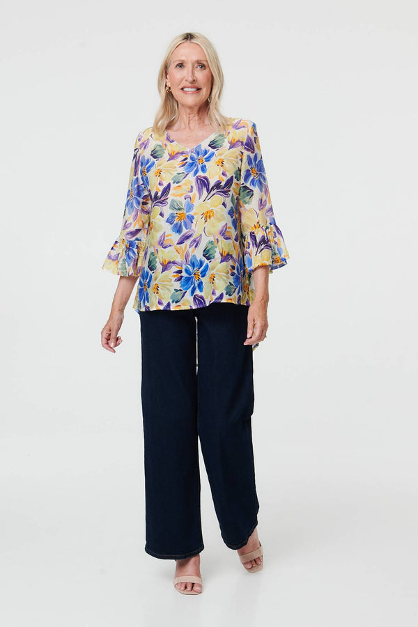 Blue | Floral Flare 3/4 Sleeve Relaxed Blouse