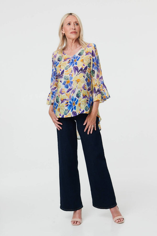 Blue | Floral Flare 3/4 Sleeve Relaxed Blouse
